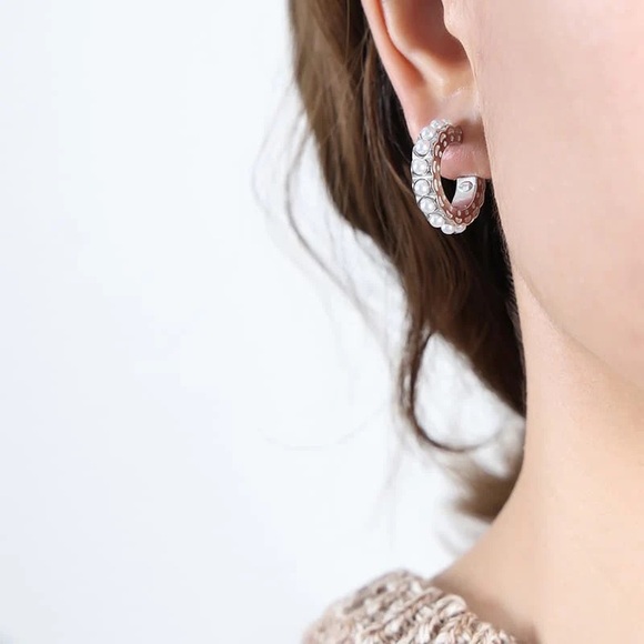 NEW💎Silver Pearl Hoop Earrings*Vintage Earrings - Picture 1 of 4